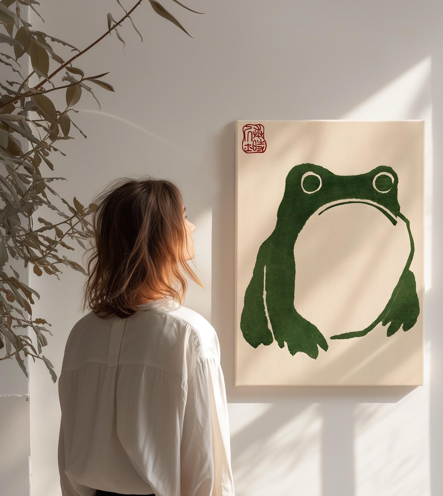 Matsumoto Hoji Frog Art Print on Canvas - Japanese Zen Inspired Minimalist Wall Decor - Green Frog with Red Seal for Serene Living Space