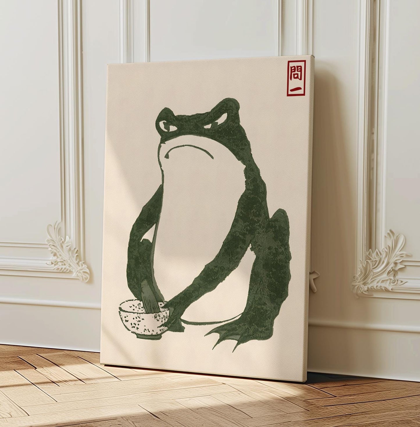 Japanese Frog Art Print on Canvas - Minimalist Zen Frog with Rice Bowl - Traditional Red Seal - Nature-Inspired Wall Decor for Calm Spaces