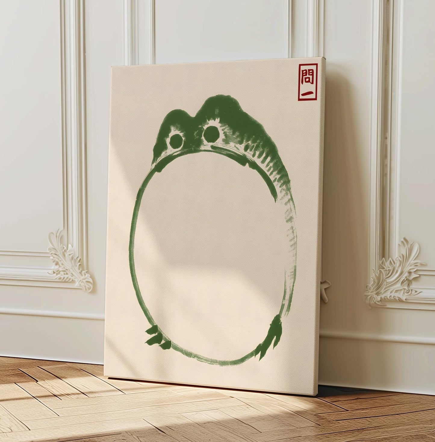 Minimalist Frog Art Print on Canvas - Japanese Zen Nature Decor with Traditional Red Seal - Unique Green Frog Illustration for Calm Spaces