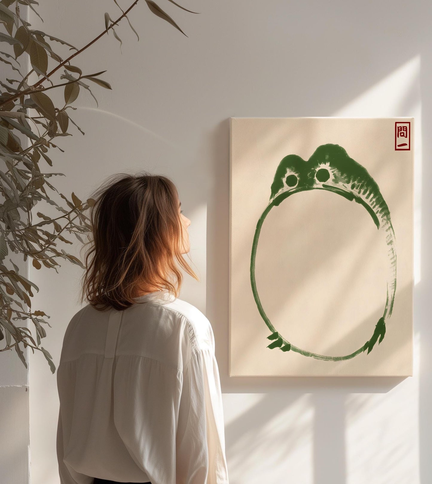 Minimalist Frog Art Print on Canvas - Japanese Zen Nature Decor with Traditional Red Seal - Unique Green Frog Illustration for Calm Spaces