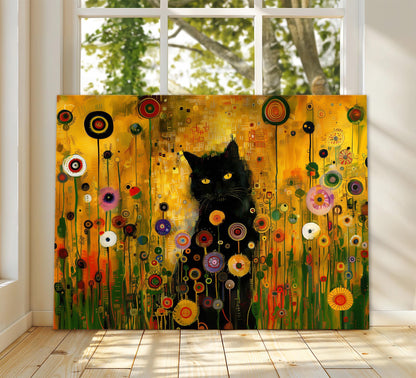 Gustav Klimt Black Cat Canvas, Gustav Klimt Exhibition Print, Gustav Klimt Print, Floral Poster, Wildflowers Meadow Art, Botanical Wall Art