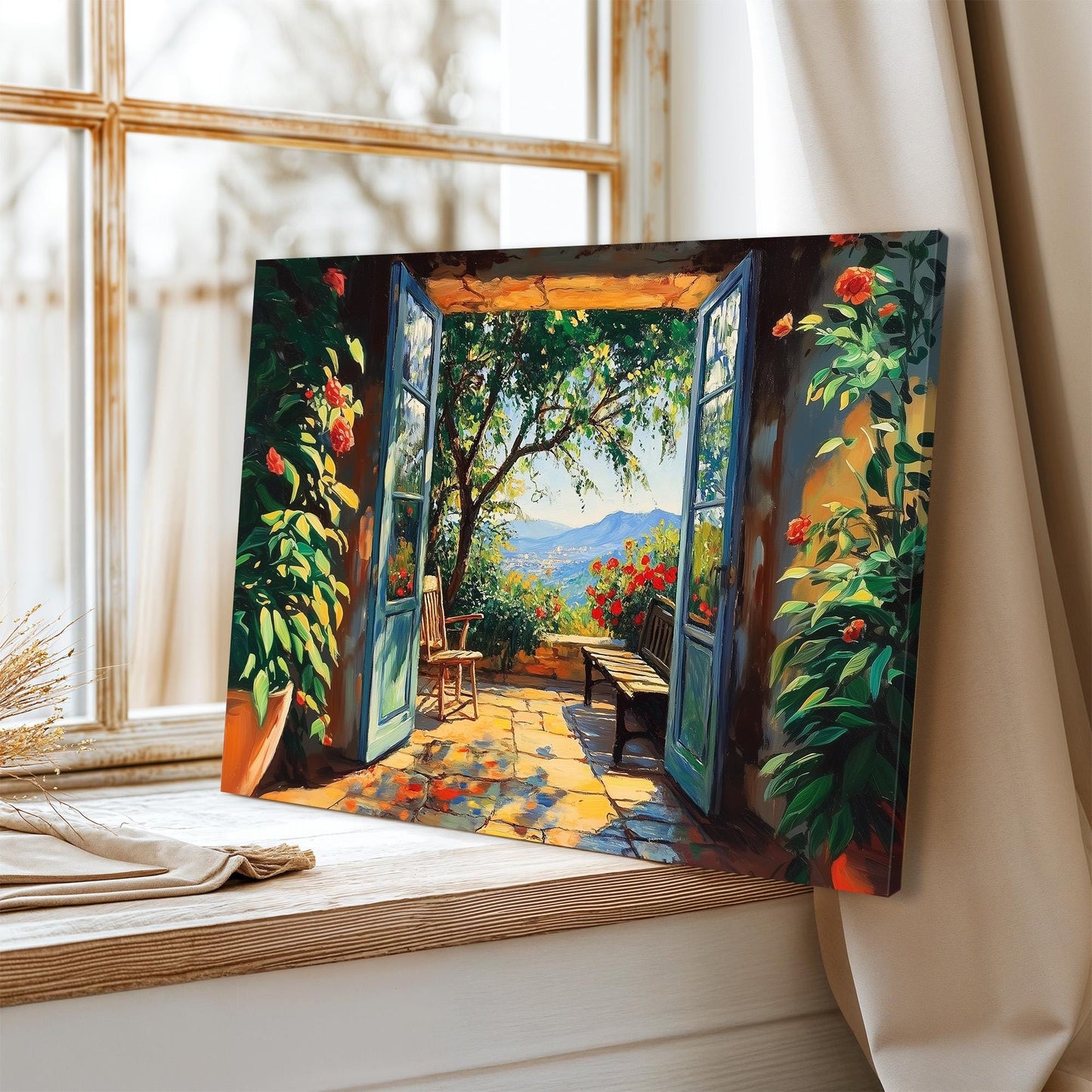 Open Window Henri Matisse Canvas, Henri Matisse Style Fauvism Painting, Modern Exhibition Print, Patio Doors Romantic Garden Bench Nature