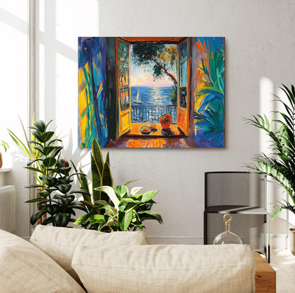 Open Window Henri Matisse Canvas Art, Henri Matisse Fauvism Painting, Modern Exhibition Print, Tropical Palm Terrace Overlooking Ocean Boat
