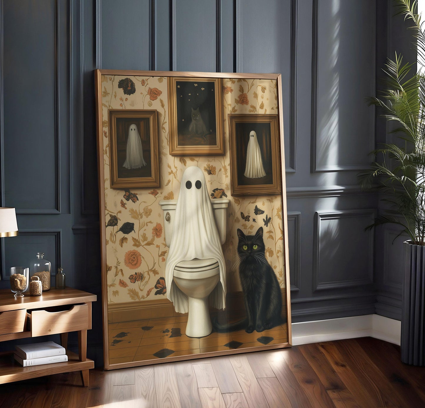 Ghost and Cat Poster, Whimsical Ghost & Black Cat Toilet Print, Halloween Wall Decor, Spooky Cute Bathroom, Gothic Home Decor, Quirky Gift