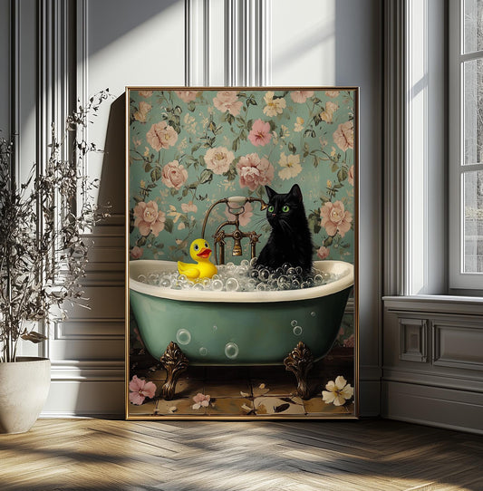 Whimsical Black Cat & Duck Bathtub Print | Vintage Floral Bathroom Wall Art | Spooky Cute Halloween Decor | Gothic Home Decor Gift Idea"