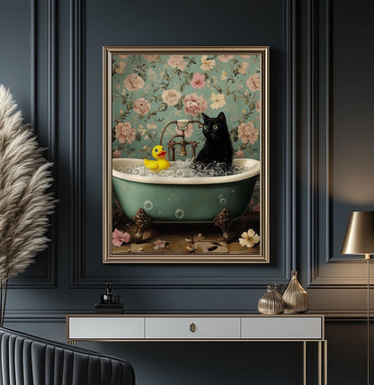 Duck and Cat Poster, Whimsical Duck & Black Cat Bathtub Print, Halloween Home Decor, Spooky Cute Bathroom, Gothic Wall Decor, Quirky Gift