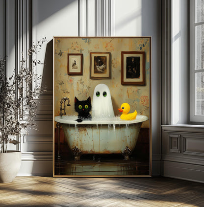 Ghost and Cat Poster, Whimsical Ghost & Black Cat Bathtub Print, Halloween Wall Decor, Spooky Cute Bathroom, Gothic Home Decor, Quirky Gift