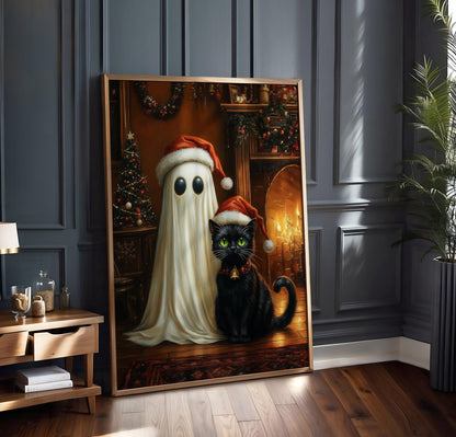 Ghost and Cat Poster, Whimsical Ghost & Black Cat Christmas Print, Holiday Decor, Spooky Cute Santa, Gothic Xmas Wall Art, Quirky Gift Idea