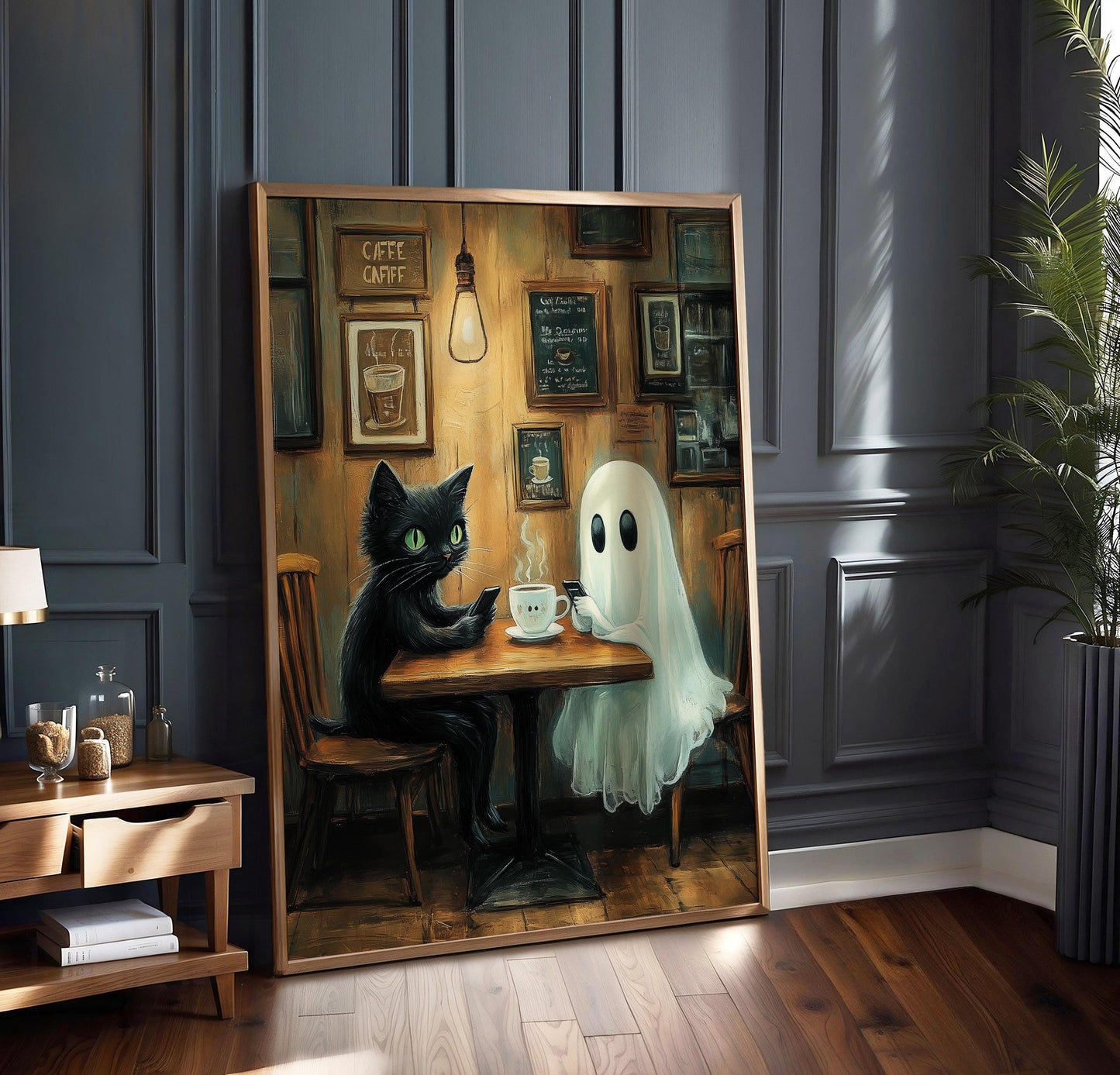 Ghost and Cat Poster, Whimsical Ghost & Black Cat Coffee Shop Print, Cafe Wall Art, Spooky Cute Halloween, Gothic Decor, Quirky Gift Idea