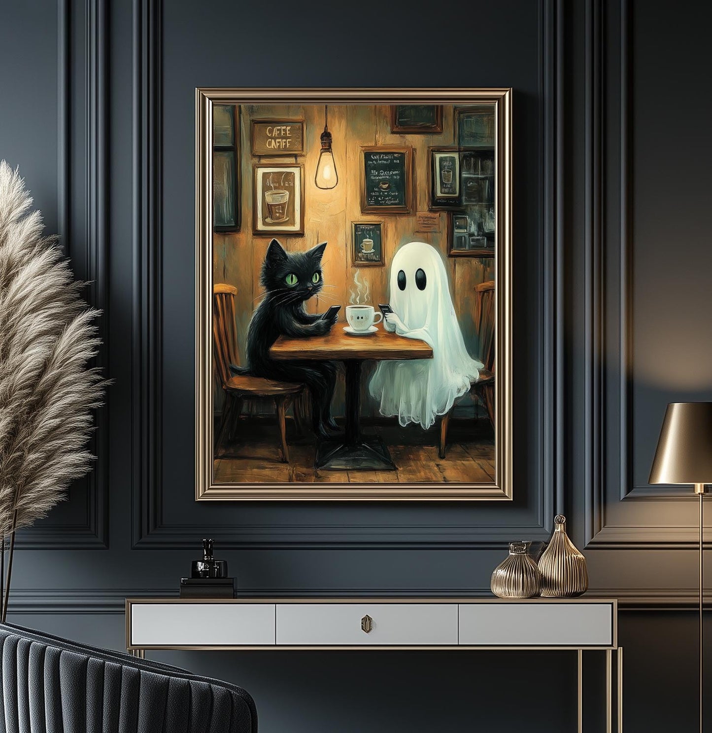 Ghost and Cat Poster, Whimsical Ghost & Black Cat Coffee Shop Print, Cafe Wall Art, Spooky Cute Halloween, Gothic Decor, Quirky Gift Idea