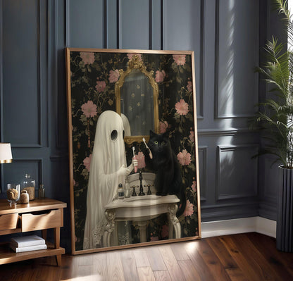 Ghost and Cat Poster, Whimsical Ghost & Black Cat Vanity Print, Halloween Wall Decor, Spooky Cute Wall Art, Gothic Decor, Quirky Gift Ider