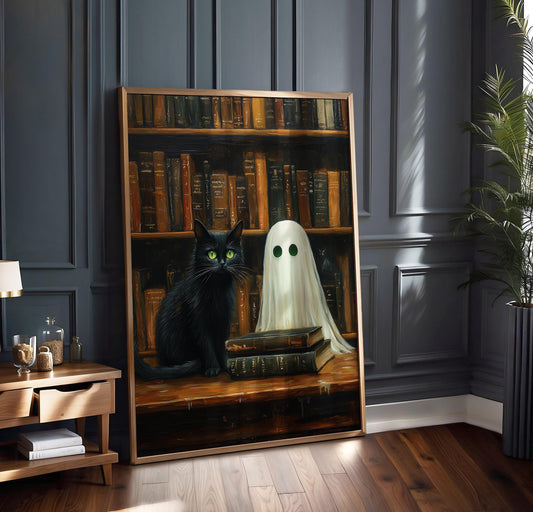 Ghost and Cat Poster, Whimsical Ghost & Black Cat Library Print, Halloween Wall Decor, Spooky Cute Wall Art, Gothic Home Decor, Quirky Gift