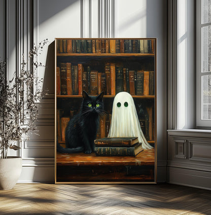 Ghost and Cat Poster, Whimsical Ghost & Black Cat Library Print, Halloween Wall Decor, Spooky Cute Wall Art, Gothic Home Decor, Quirky Gift