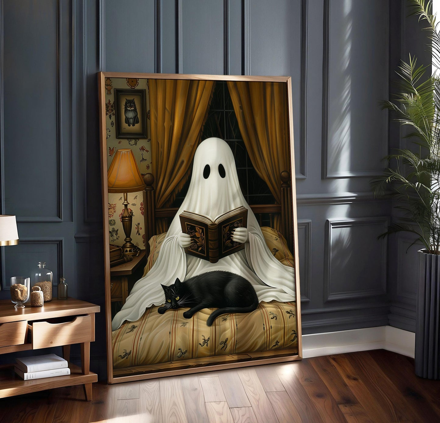 Ghost and Cat Poster, Whimsical Ghost & Black Cat Reading Print, Halloween Home Decor, Spooky Cute Wall Art, Gothic Wall Decor, Quirky Gift