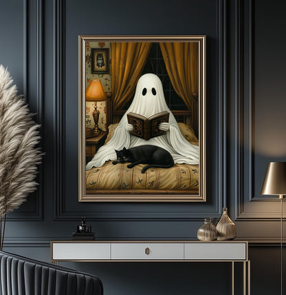 Ghost and Cat Poster, Whimsical Ghost & Black Cat Reading Print, Halloween Home Decor, Spooky Cute Wall Art, Gothic Wall Decor, Quirky Gift