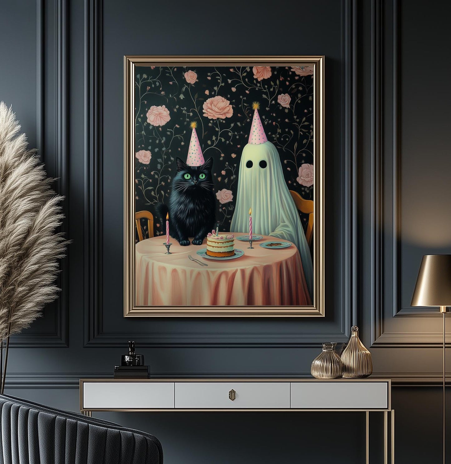 Ghost and Cat Poster, Whimsical Ghost & Black Cat Birthday Party Print, Halloween Decor, Spooky Cute Wall Art, Gothic Decor, Quirky Gift