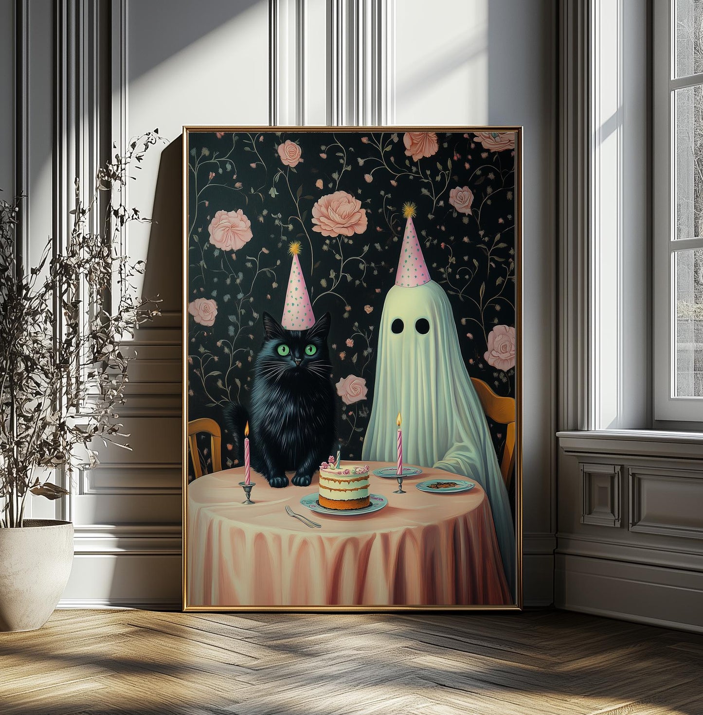 Ghost and Cat Poster, Whimsical Ghost & Black Cat Birthday Party Print, Halloween Decor, Spooky Cute Wall Art, Gothic Decor, Quirky Gift