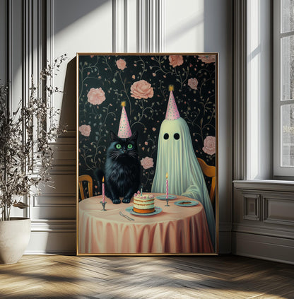 Ghost and Cat Poster, Whimsical Ghost & Black Cat Birthday Party Print, Halloween Decor, Spooky Cute Wall Art, Gothic Decor, Quirky Gift