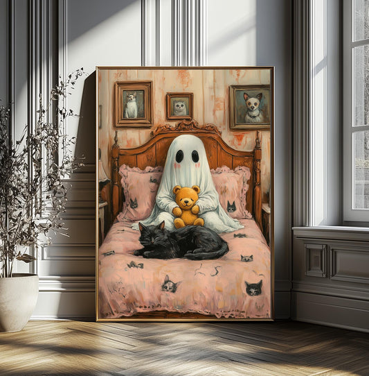 Ghost and Cat Poster, Whimsical Ghost & Black Cat Bedtime Print, Vintage Gothic Halloween Decor, Spooky Cute Wall Art, Quirky Kids Gift