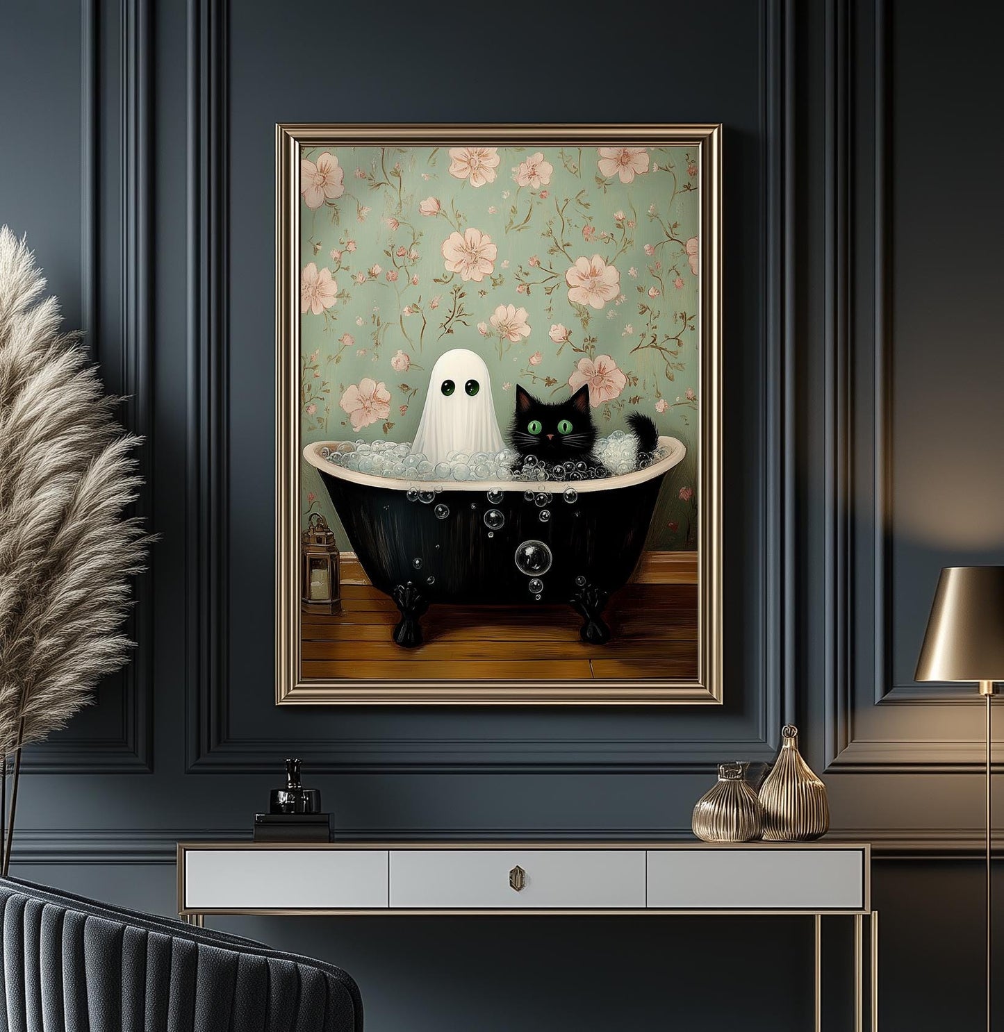 Ghost and Cat Poster, Whimsical Ghost & Black Cat Bathtub Print | Gothic Halloween Decor | Spooky Cute Wall Art | Quirky Gift for Cat Lovers