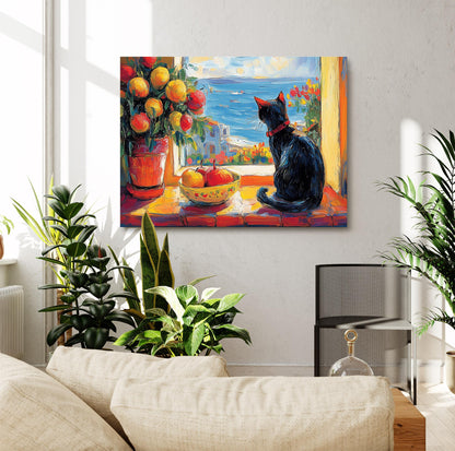 Open Window Cat Henri Matisse Canvas Art, Henri Matisse Fauvism Painting, Modern Exhibition Print, Tropical Palm Terrace Overlooking Ocean