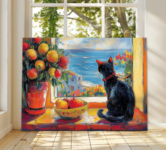 Open Window Cat Henri Matisse Canvas Art, Henri Matisse Fauvism Painting, Modern Exhibition Print, Tropical Palm Terrace Overlooking Ocean