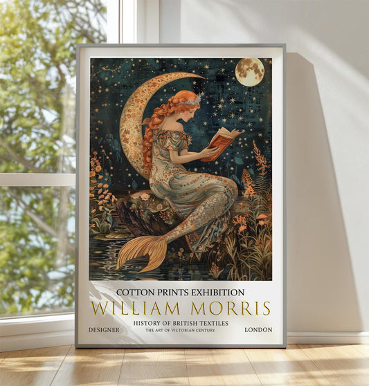 William Morris Mermaid Print, William Morris Exhibition Poster, William Morris Poster, Vintage Fantasy Wall Decor, Whimsical Moonlit Scene