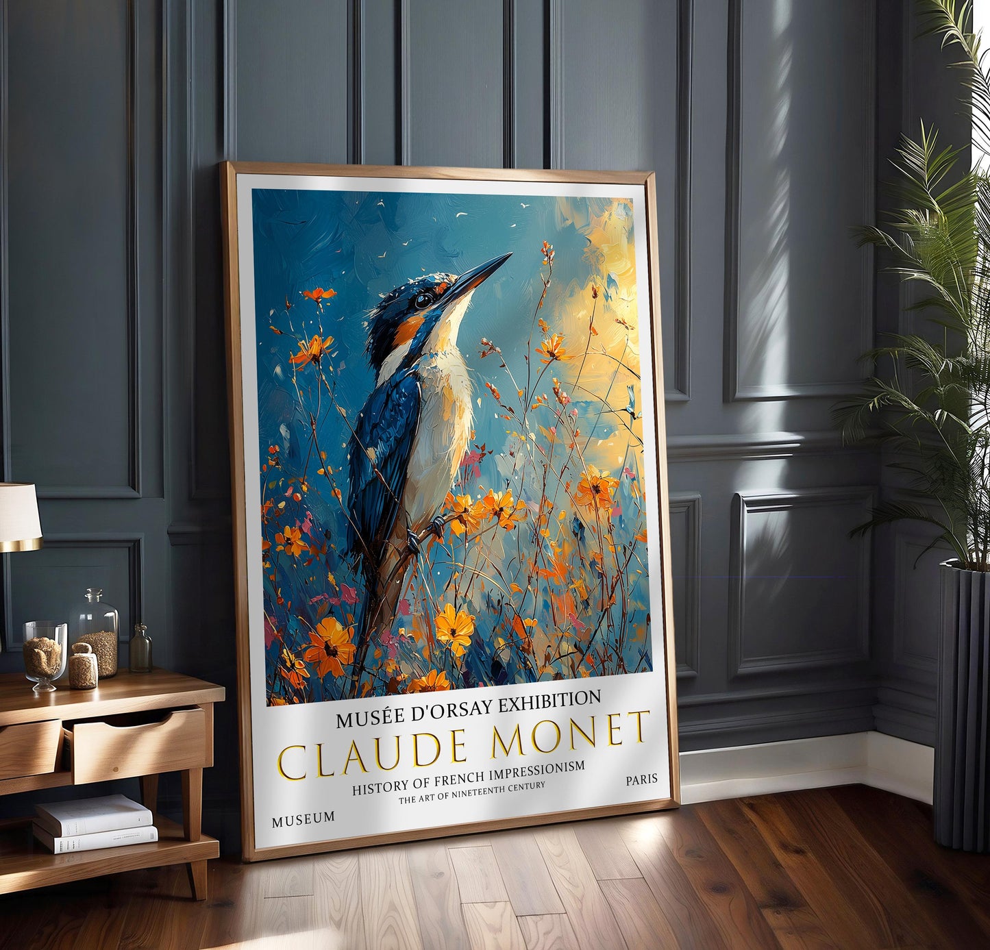 Claude Monet kingfisher Print, Claude Monet Exhibition Poster, Claude Monet Poster, Vintage Poster, Bird Wildflowers Art, Vintage Wall Art,