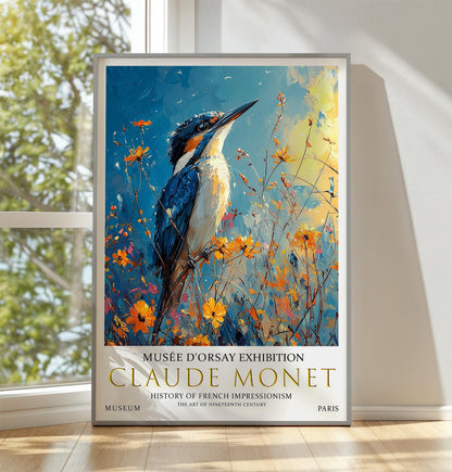 Claude Monet kingfisher Print, Claude Monet Exhibition Poster, Claude Monet Poster, Vintage Poster, Bird Wildflowers Art, Vintage Wall Art,