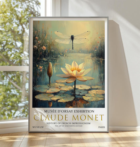 Claude Monet Print, Claude Monet Exhibition Poster, Claude Monet Poster, Vintage Poster, Water Liles Art, Vintage Wall Art,  Dragonfly Print