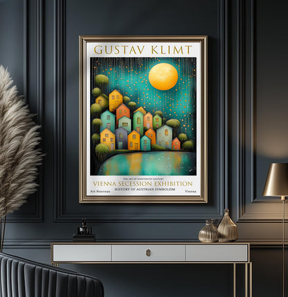 Gustav Klimt Night Village Print, Gustav Klimt Exhibition Poster, Klimt Moon & Stars Print, Vintage Poster, Moon Garden Art, Vintage Night