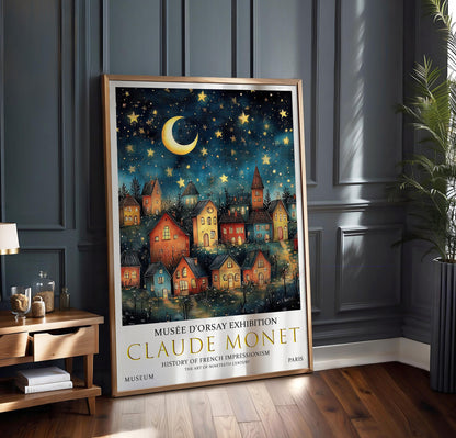 Claude Monet Moon and Stars Print, Claude Monet Exhibition Print, Claude Monet Painting, Vintage Wall Art Moon Art, Night Village Print