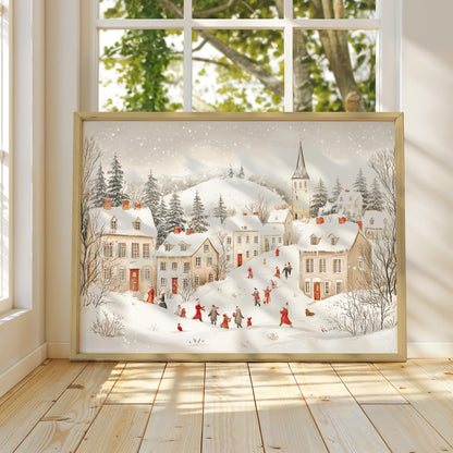 Vintage Winter Village Print, Winter Village Poster Print, Winter Village Painting, Winter Wall Art, Vintage Winter Scene, Winter Gift Ider