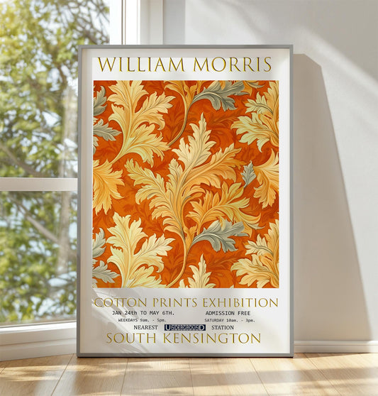 William Morris Print, Cotton Prints Exhibition Poster, Vintage Textiles Art, Oak Leaf, Elegant Botanical Wall Art, Classic Vintage Décor