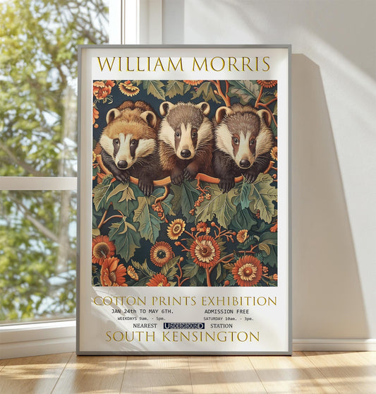 William Morris Badger Trio Print, Vintage Botanical Art, Cotton Prints Exhibition Poster, Wildlife Wall Art, Nature-Inspired Home Decor