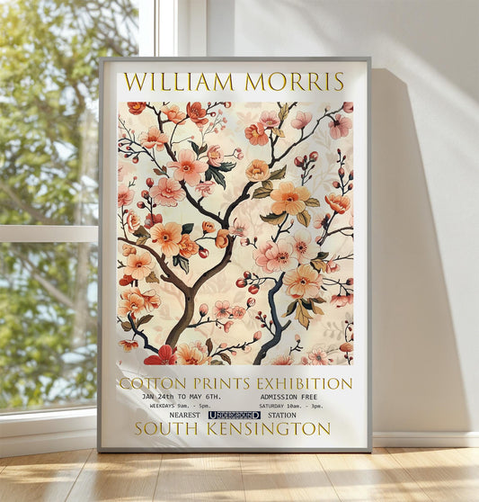 William Morris Cherry Blossom Print, Vintage Botanical Art, Cotton Prints Exhibition Poster, Floral Wall Art, Classic Vintage Decor