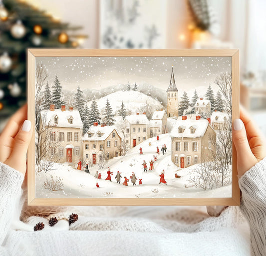 Vintage Winter Village Print, Winter Village Poster Print, Winter Village Painting, Winter Wall Art, Vintage Winter Scene, Winter Gift Ider