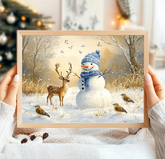 Winter Raindeer & Snowman Art Print, Vintage Snowman Print, Vintage Winter Print, Christmas Wall Art, Xmas Wall Decor