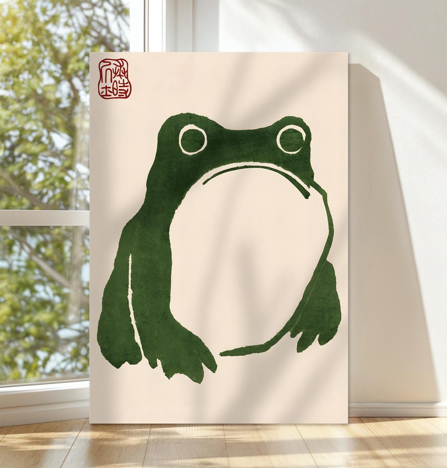 Minimalist frog art print on canvas featuring a green frog with bold lines and a traditional Japanese red seal. Perfect for nature-inspired home decor, Zen, and meditation spaces. Handmade, ready to hang, available in multiple sizes for living rooms.