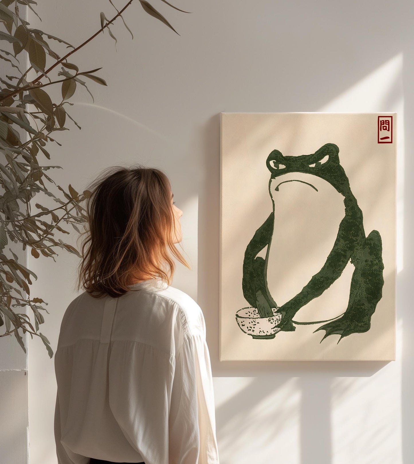 Japanese Frog Art Print on Canvas - Minimalist Zen Frog with Rice Bowl - Traditional Red Seal - Nature-Inspired Wall Decor for Calm Spaces