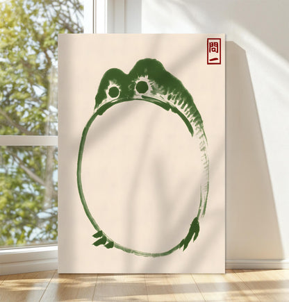 Minimalist frog art print on canvas featuring a green frog with a unique circular design and traditional Japanese red seal. This nature wall decor adds a calm, Zen touch to any room, perfect for meditation spaces, or Japanese themed interiors.