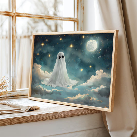 Vintage Ghost Moon and Stars Print, Whimsical, Ghosts Painting, Halloween Wall Art, Spooky Art, Ghosts Poster, Gothic Decor