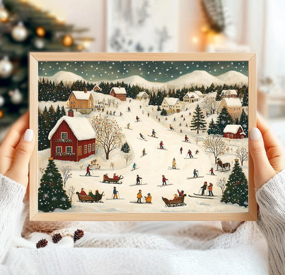 Vintage Winter Village Print, L.S. Lowry Poster Print, Winter Village Painting, Winter Wall Art, Snowy Christmas Village, Winter Print