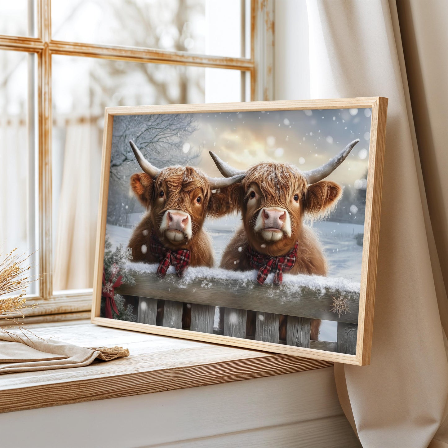 Festive Highland Cows Print, Scottish Cow Poster Print, Winter Highland Cow Painting, Winter Wall Art, Vintage Winter Scene, Winter Print