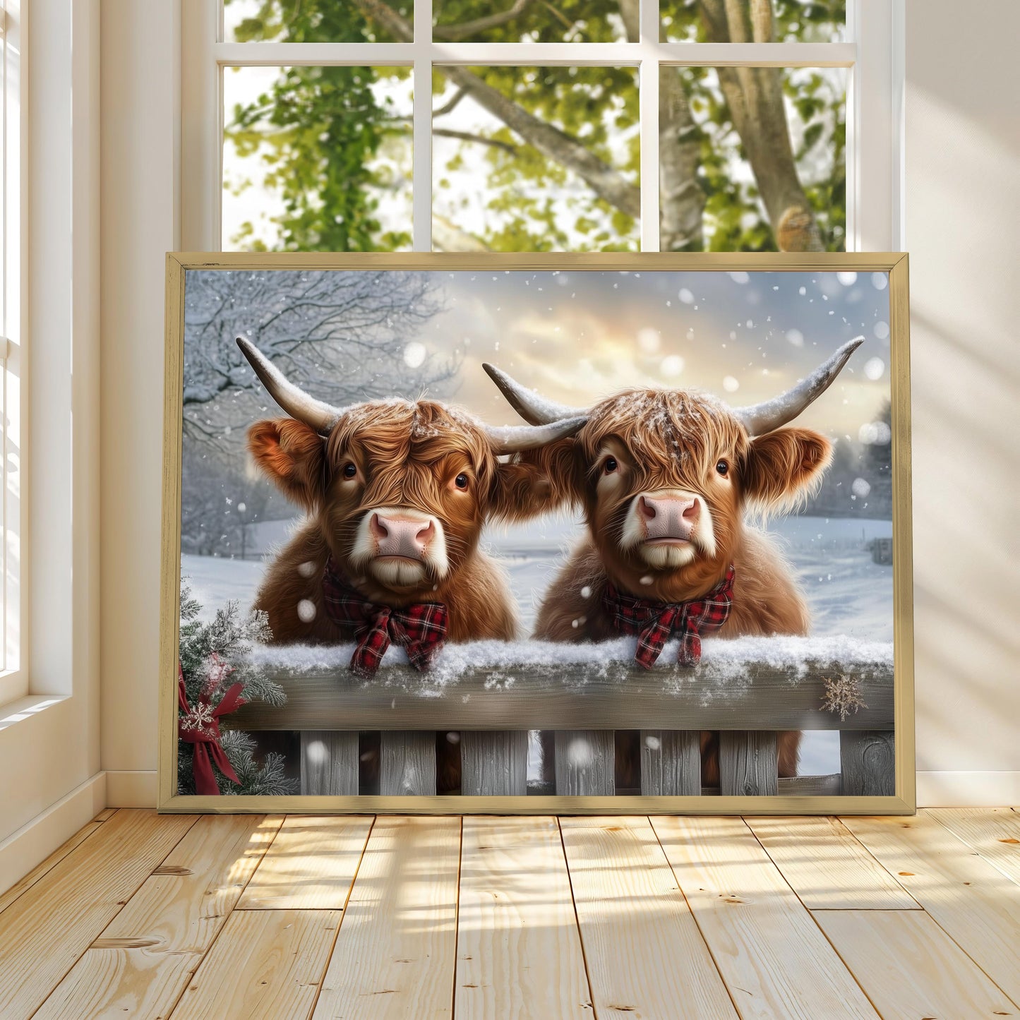 Festive Highland Cows Print, Scottish Cow Poster Print, Winter Highland Cow Painting, Winter Wall Art, Vintage Winter Scene, Winter Print