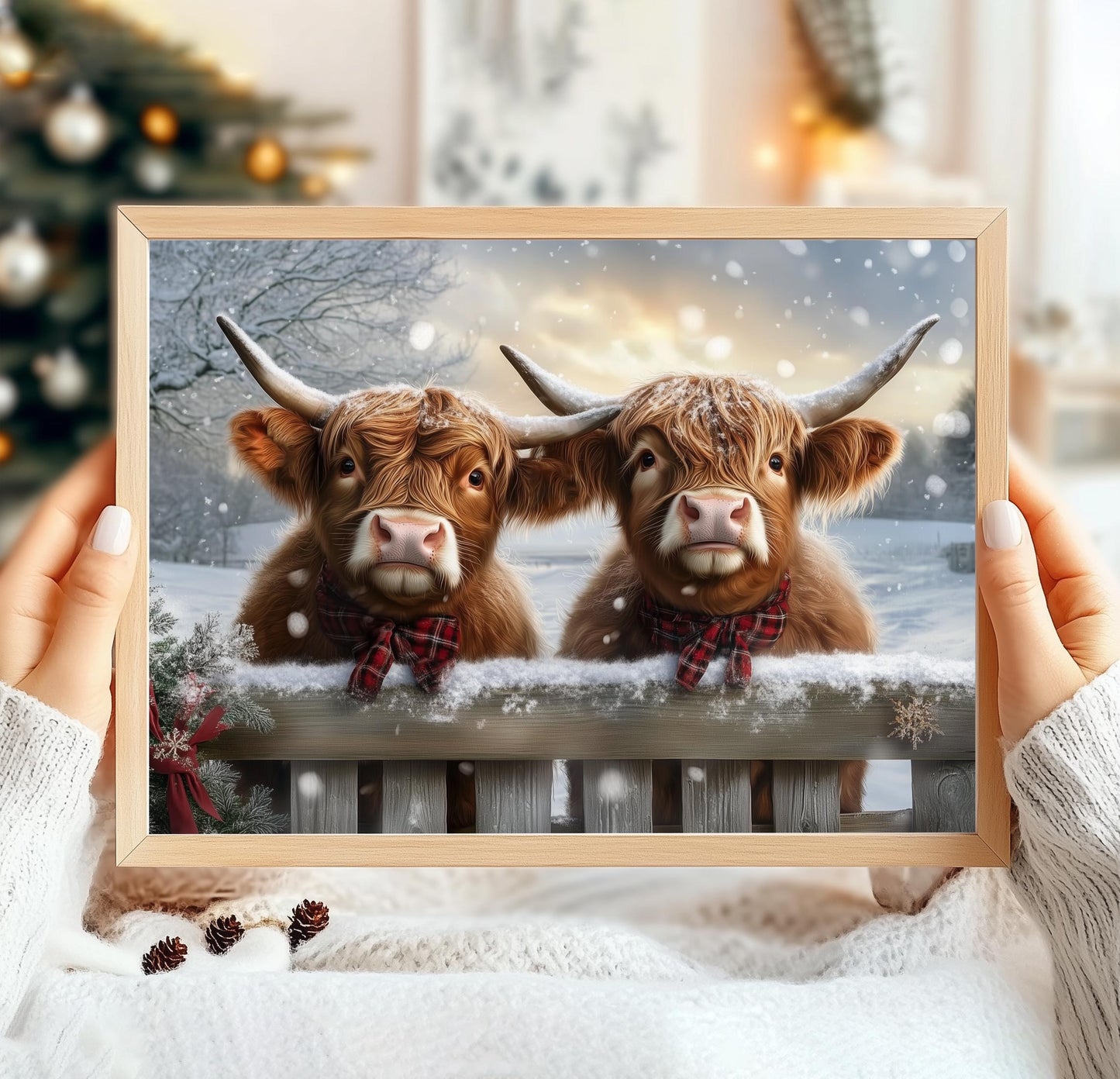 Festive Highland Cows Print, Scottish Cow Poster Print, Winter Highland Cow Painting, Winter Wall Art, Vintage Winter Scene, Winter Print