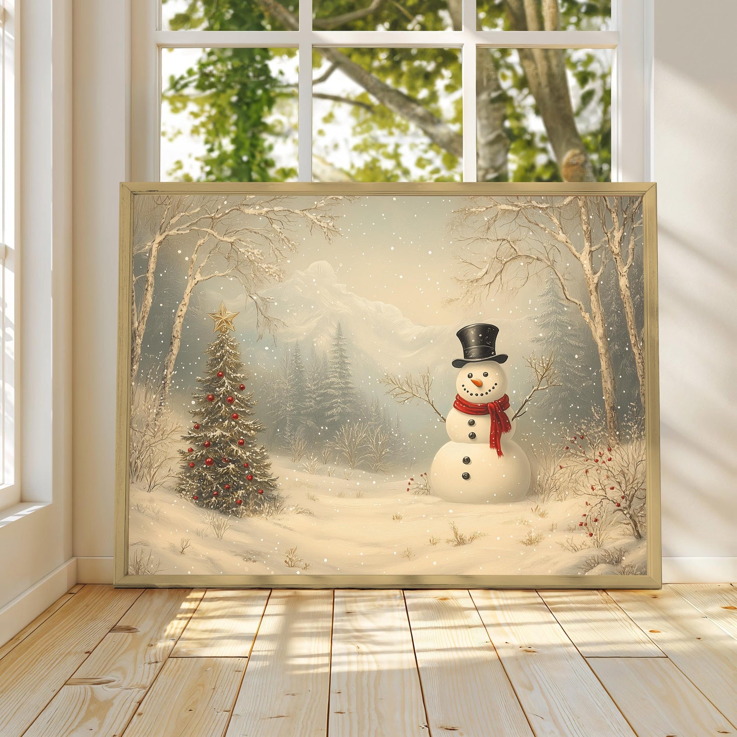 Vintage Winter Snowman Print, Winter Snowman Poster Print, Winter Snowman Painting, Winter Wall Art, Vintage Winter Scene, Winter Gift Ider