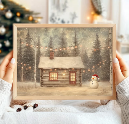 Vintage Snowman Print, Snowman Poster Print, Snowman Painting, Winter Wall Art, Vintage Christmas Wall Art, Vintage Winter Hut, Xmas Gift