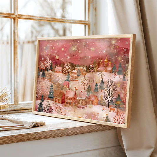 Vintage Winter Village Print, Winter Village Poster Print, Winter Village Painting, Winter Wall Art, Vintage Stars, Whimsical Winter Gifts