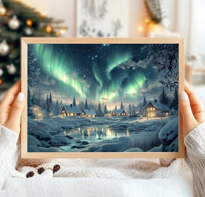 Aurora Borealis Winter Village Print, Winter Village Poster Print, Winter Aurora Print, Winter Wall Art, Winter Wonderland, Winter Print